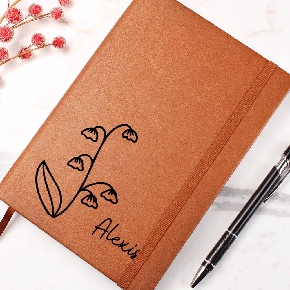 Personalized May Lily of the Valley Birth Month Wildflower Flower Leather Journal, Name Notebook, Gift for Her