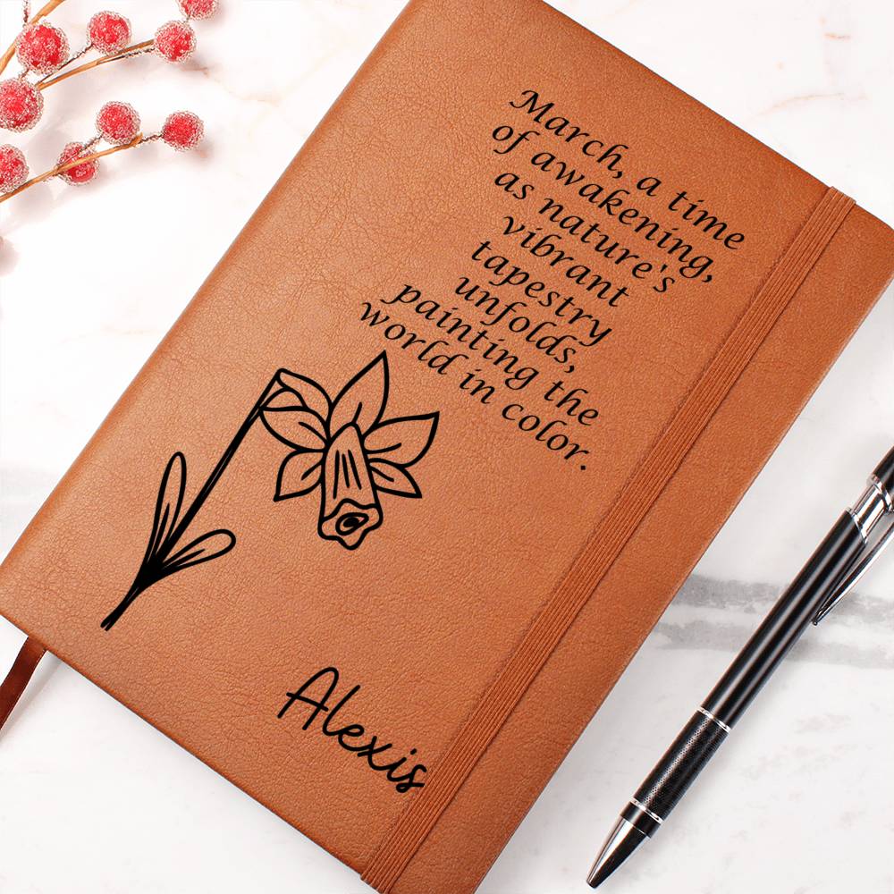 Personalized March Daffodil Birth Month Wildflower Flower Leather Journal with Poem, Name Notebook, Gift for Her