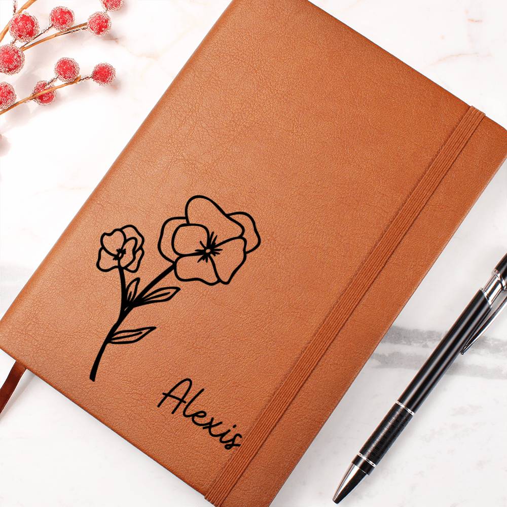 Personalized Feb Violet Birth Month Wildflower Flower Leather Journal, Name Notebook, Gift for Her