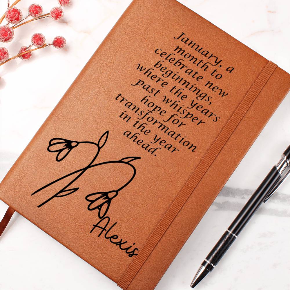 Personalized Jan Snowdrop Birth Month Wildflower Flower Leather Journal with Poem, Name Notebook, Gift for Her