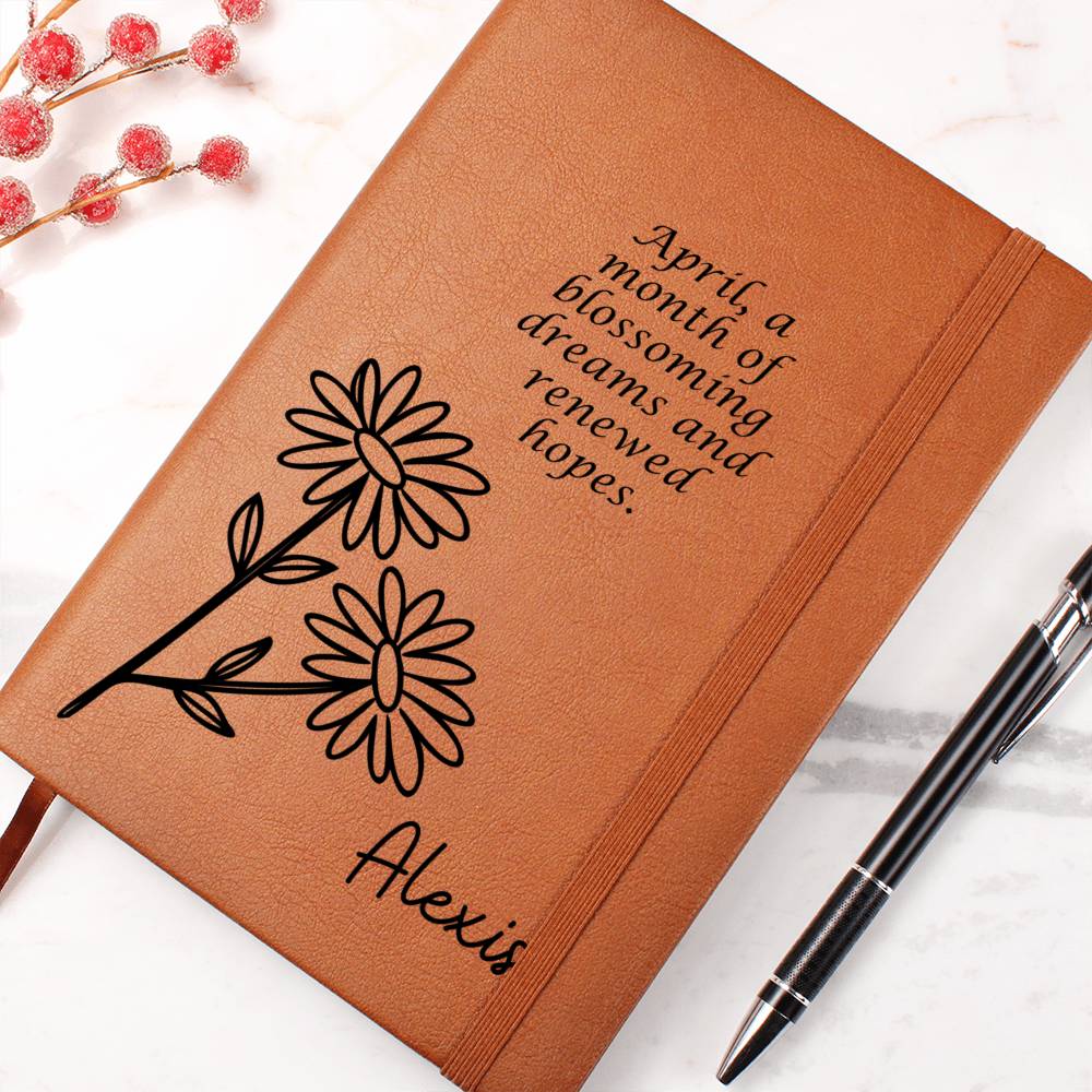 Personalized April Daisy Birth Month Wildflower Flower Leather Journal with Poem, Name Notebook, Gift for Her