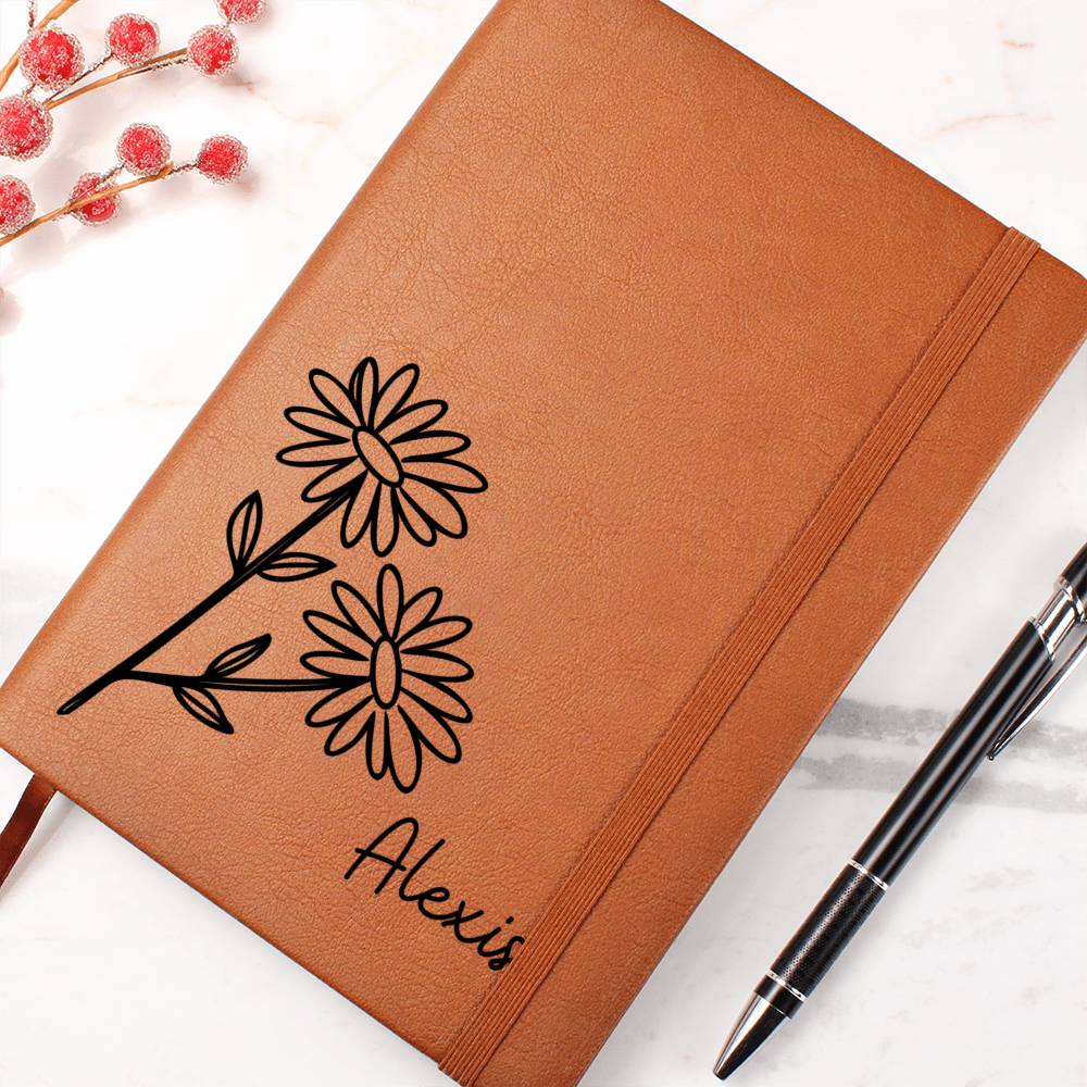 Personalized April Daisy Birth Month Wildflower Flower Leather Journal, Name Notebook, Gift for Her