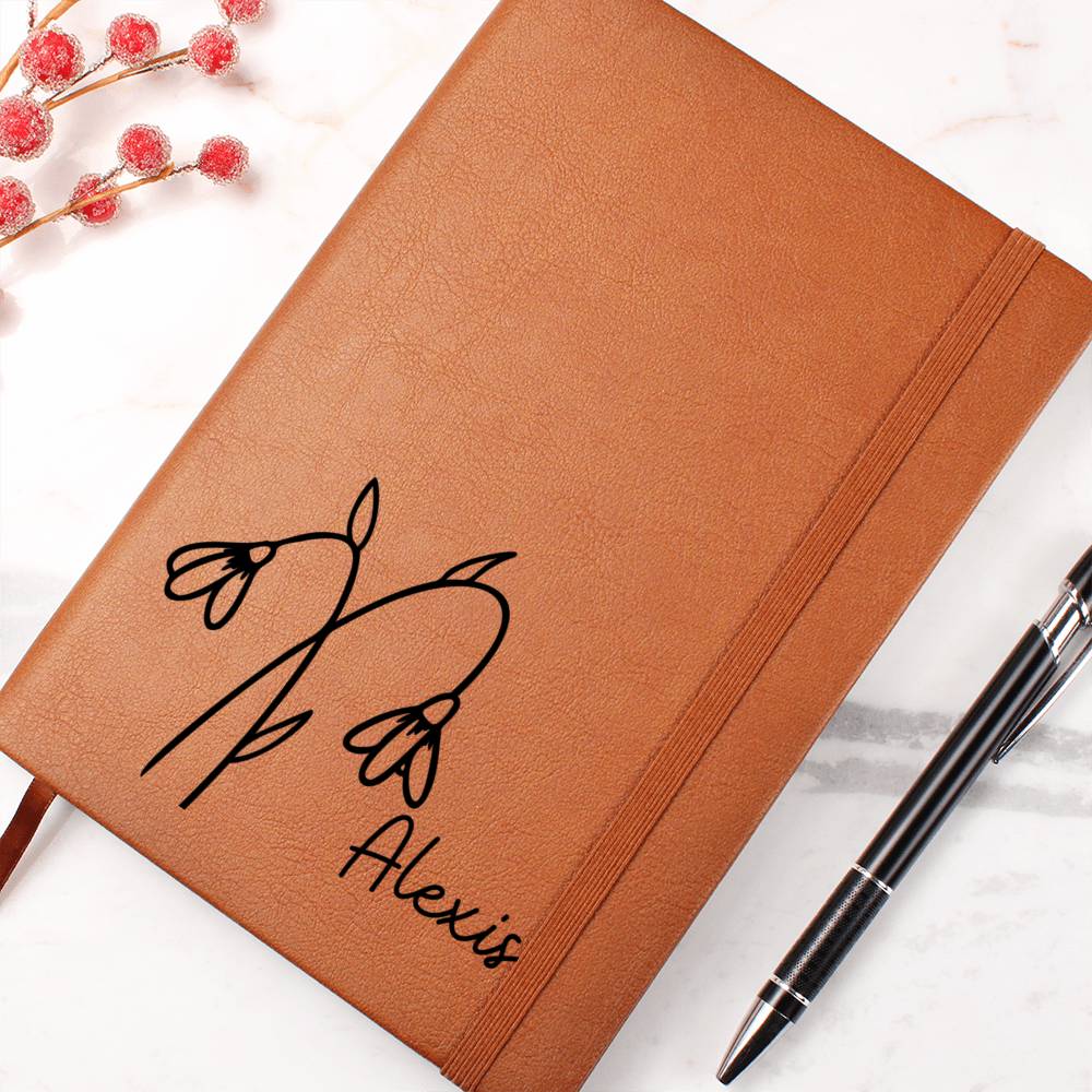 Personalized Jan Snowdrop Birth Month Wildflower Flower Leather Journal, Name Notebook, Gift for Her