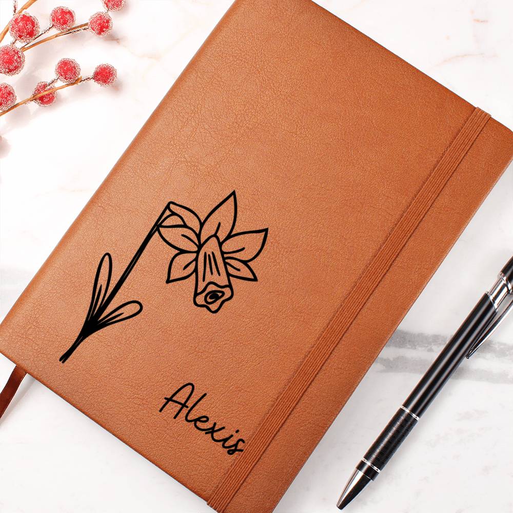 Personalized March Daffodil Birth Month Wildflower Flower Leather Journal, Name Notebook, Gift for Her