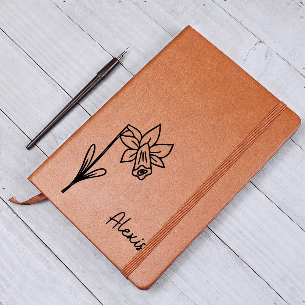 Personalized March Daffodil Birth Month Wildflower Flower Leather Journal, Name Notebook, Gift for Her