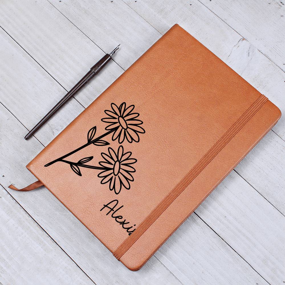 Personalized April Daisy Birth Month Wildflower Flower Leather Journal, Name Notebook, Gift for Her
