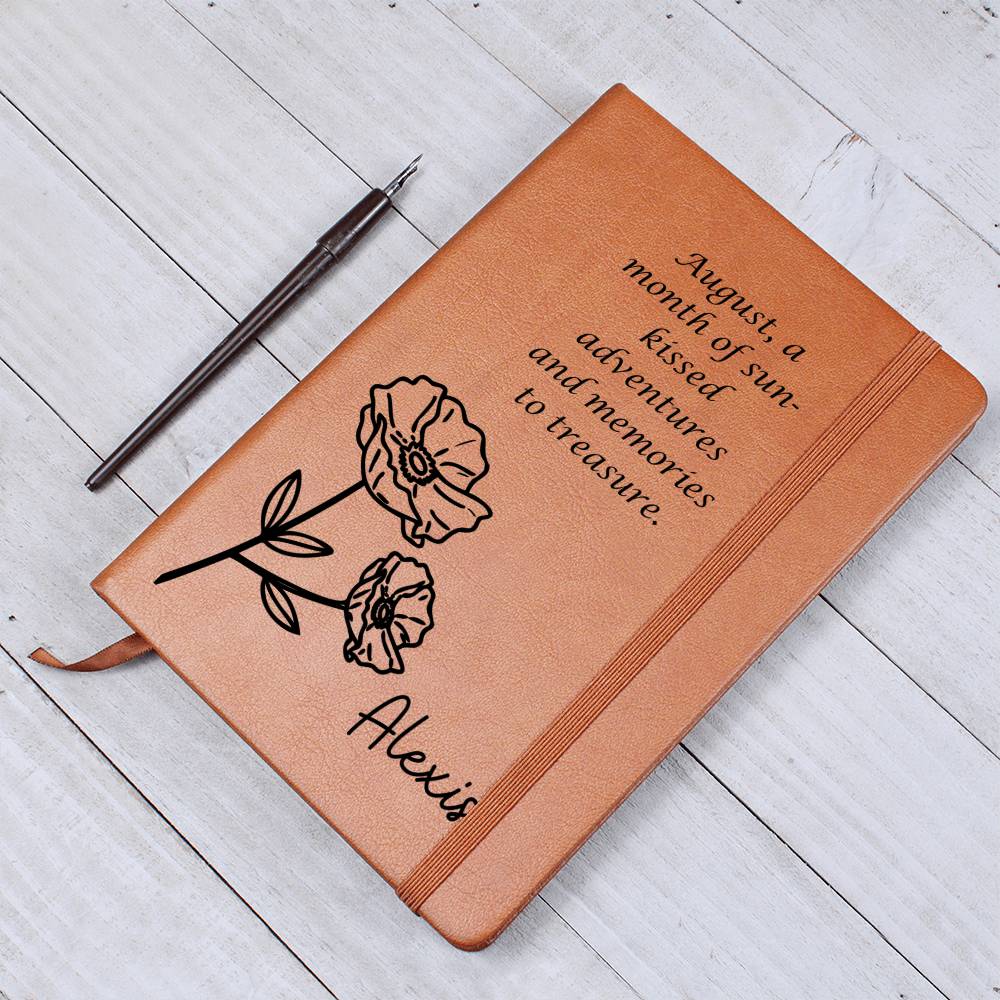 Personalized Birth Month August,Poppy Wildflower with Poem Leather Journal,Custom Name Notebook, Engraved Journals,Travel Diary Gift for Her