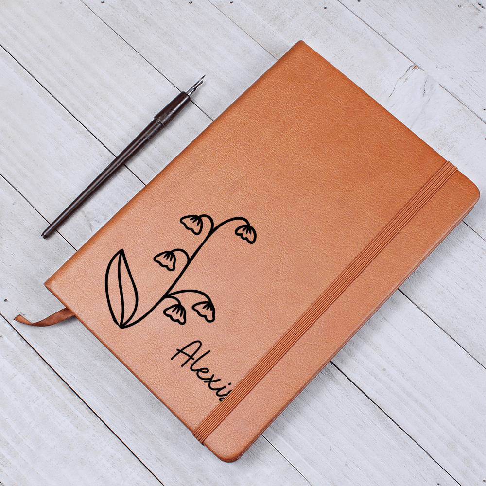 Personalized May Lily of the Valley Birth Month Wildflower Flower Leather Journal, Name Notebook, Gift for Her
