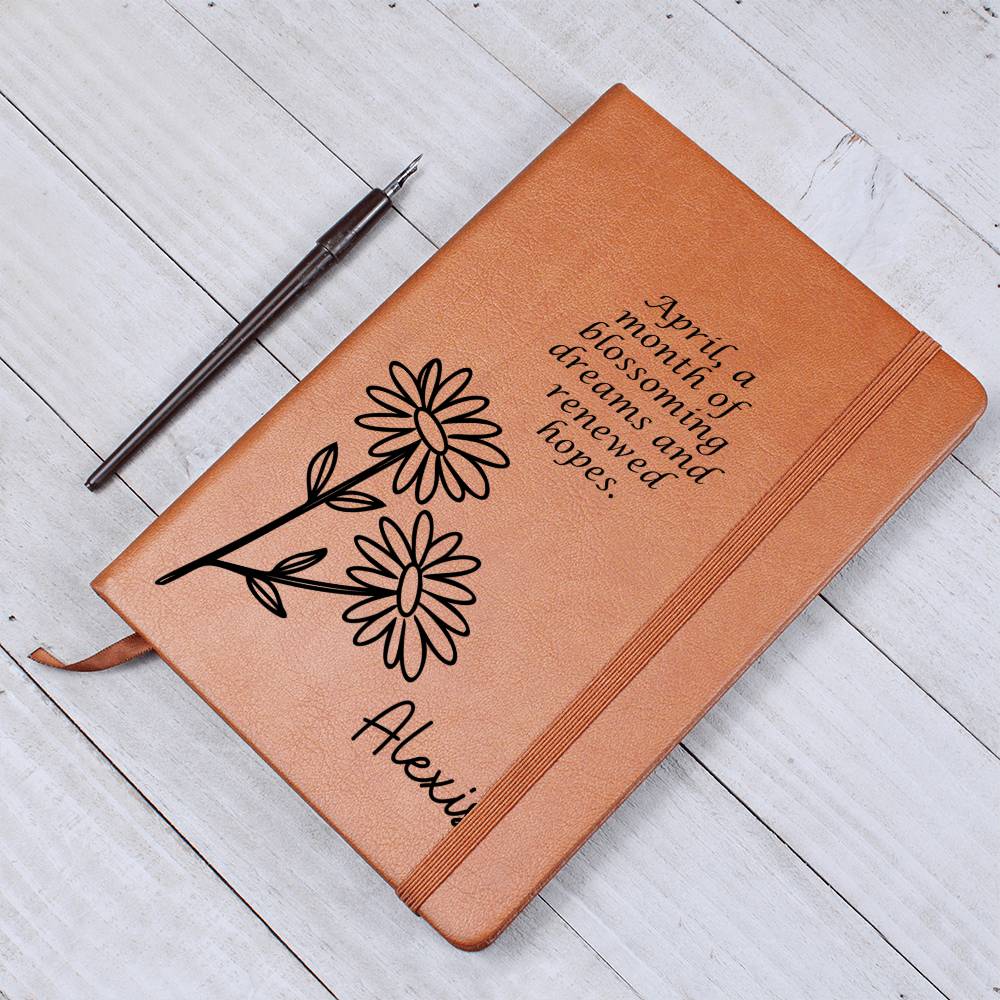 Personalized April Daisy Birth Month Wildflower Flower Leather Journal with Poem, Name Notebook, Gift for Her
