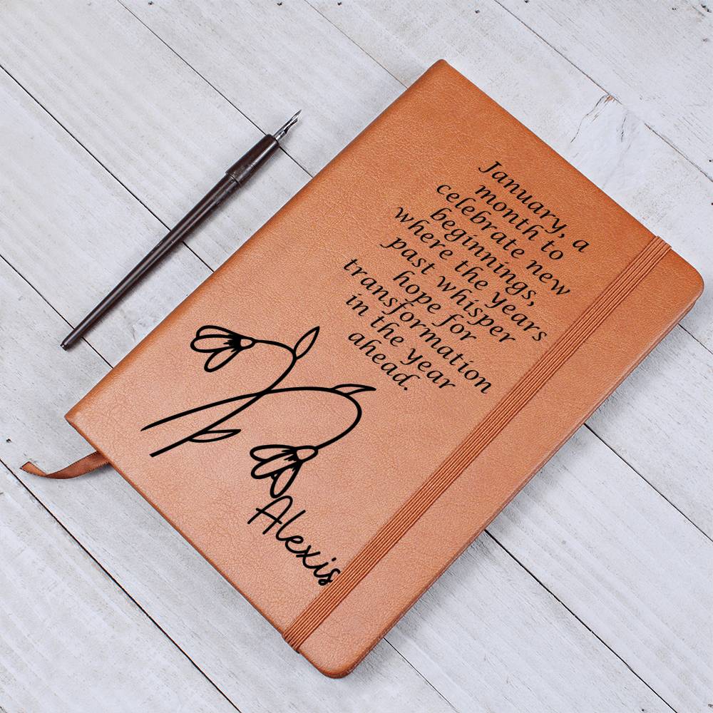 Personalized Jan Snowdrop Birth Month Wildflower Flower Leather Journal with Poem, Name Notebook, Gift for Her
