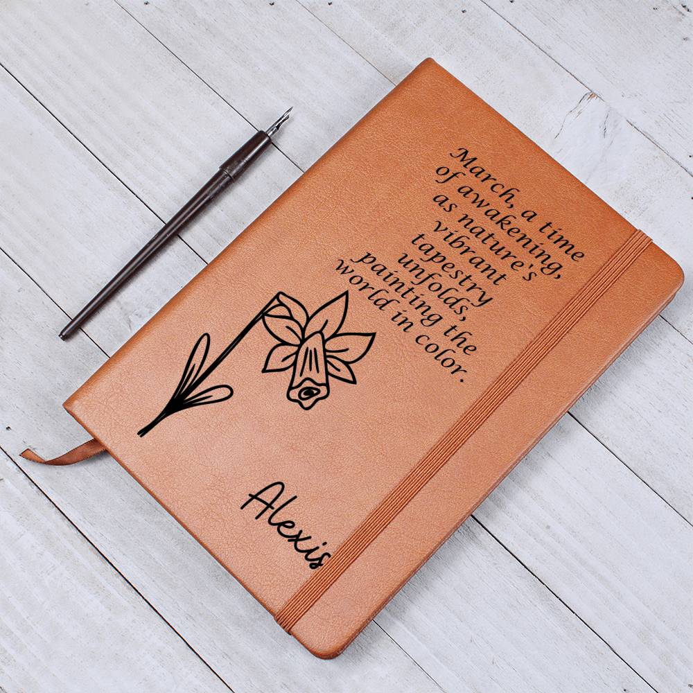Personalized March Daffodil Birth Month Wildflower Flower Leather Journal with Poem, Name Notebook, Gift for Her