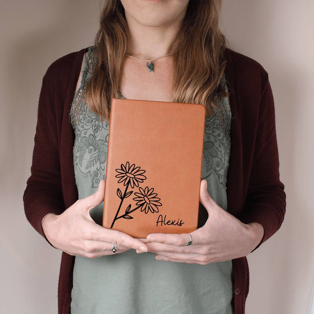 Personalized April Daisy Birth Month Wildflower Flower Leather Journal, Name Notebook, Gift for Her