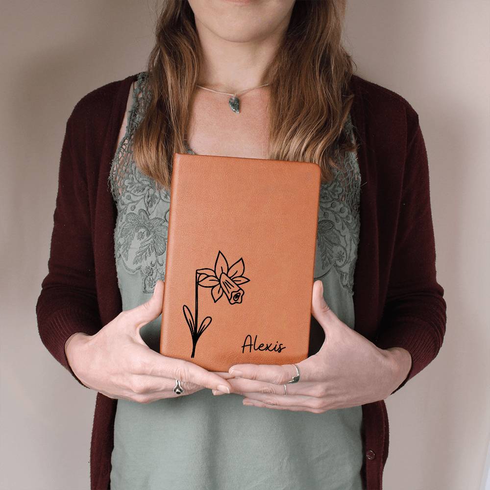 Personalized March Daffodil Birth Month Wildflower Flower Leather Journal, Name Notebook, Gift for Her