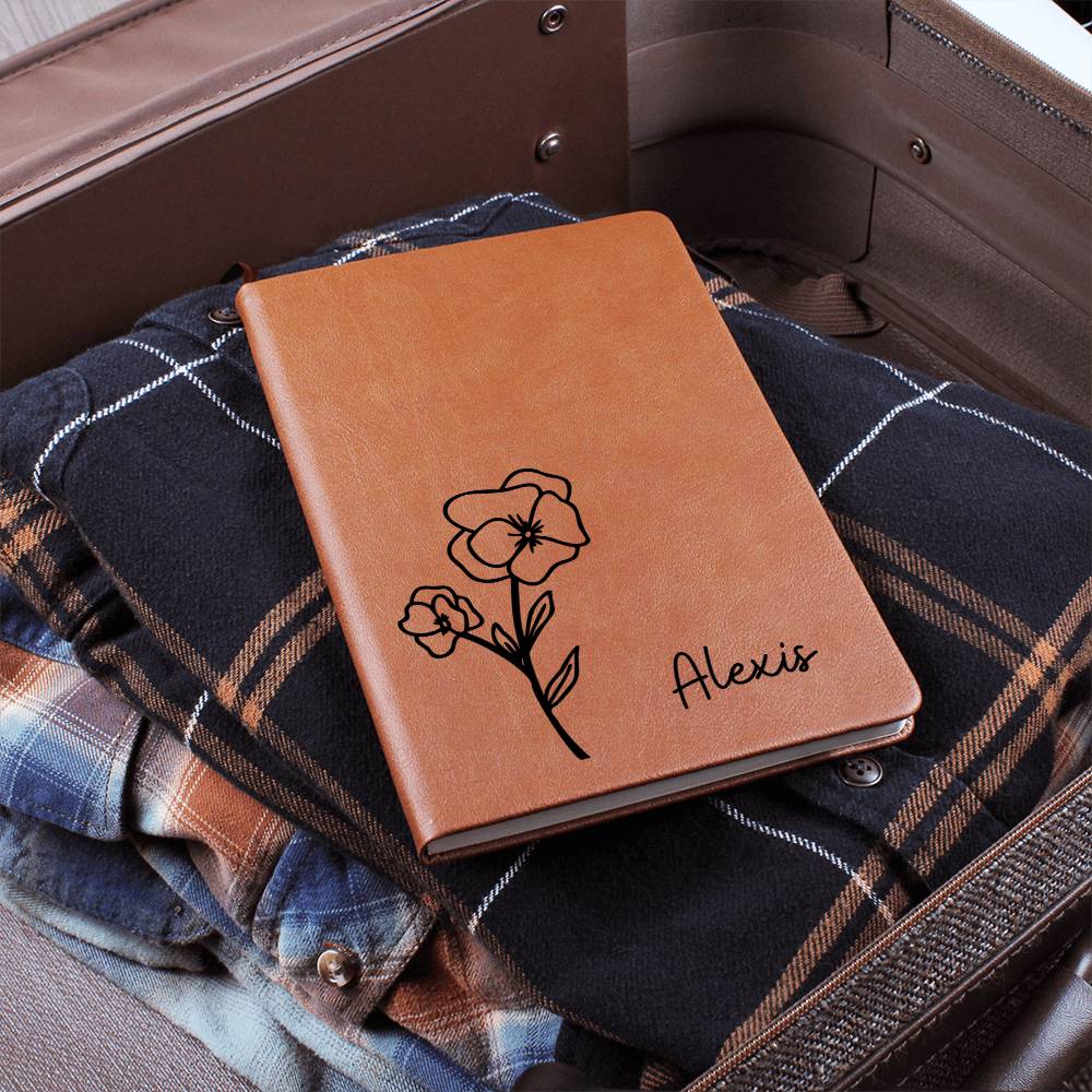 Personalized Feb Violet Birth Month Wildflower Flower Leather Journal, Name Notebook, Gift for Her