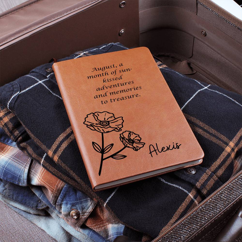 Personalized Birth Month August,Poppy Wildflower with Poem Leather Journal,Custom Name Notebook, Engraved Journals,Travel Diary Gift for Her