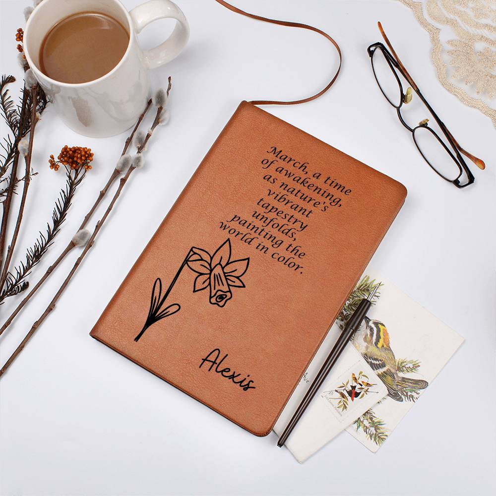 Personalized March Daffodil Birth Month Wildflower Flower Leather Journal with Poem, Name Notebook, Gift for Her