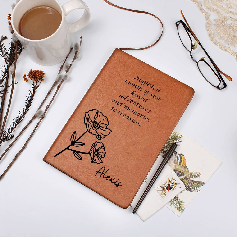 Personalized Birth Month August,Poppy Wildflower with Poem Leather Journal,Custom Name Notebook, Engraved Journals,Travel Diary Gift for Her