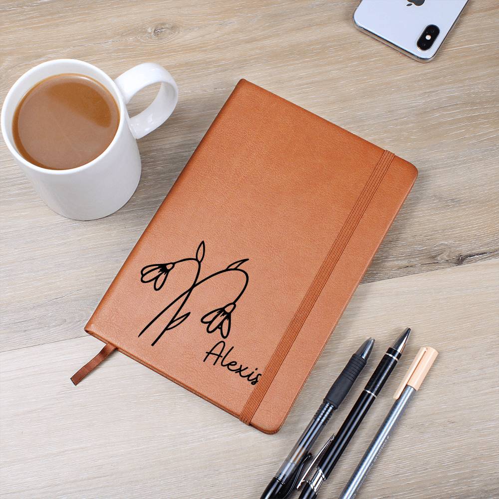 Personalized Jan Snowdrop Birth Month Wildflower Flower Leather Journal, Name Notebook, Gift for Her