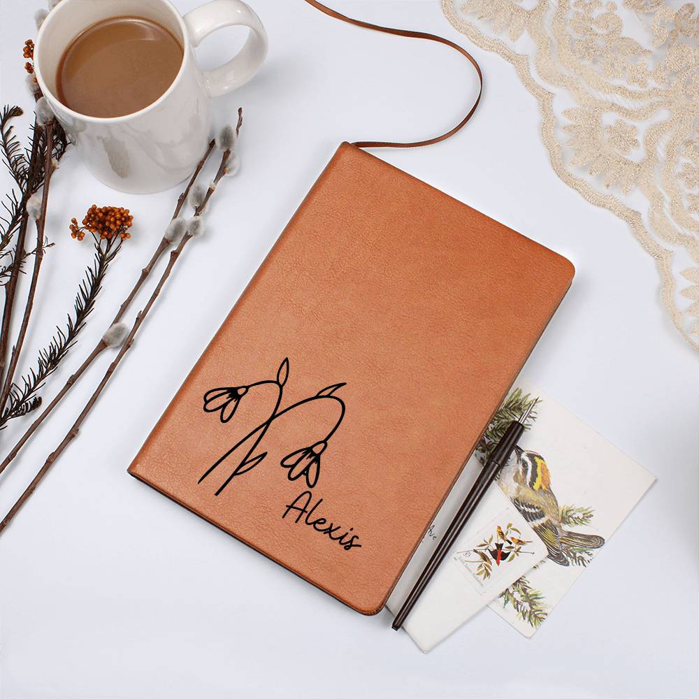 Personalized Jan Snowdrop Birth Month Wildflower Flower Leather Journal, Name Notebook, Gift for Her