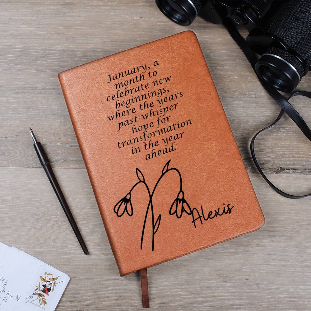 Personalized Jan Snowdrop Birth Month Wildflower Flower Leather Journal with Poem, Name Notebook, Gift for Her
