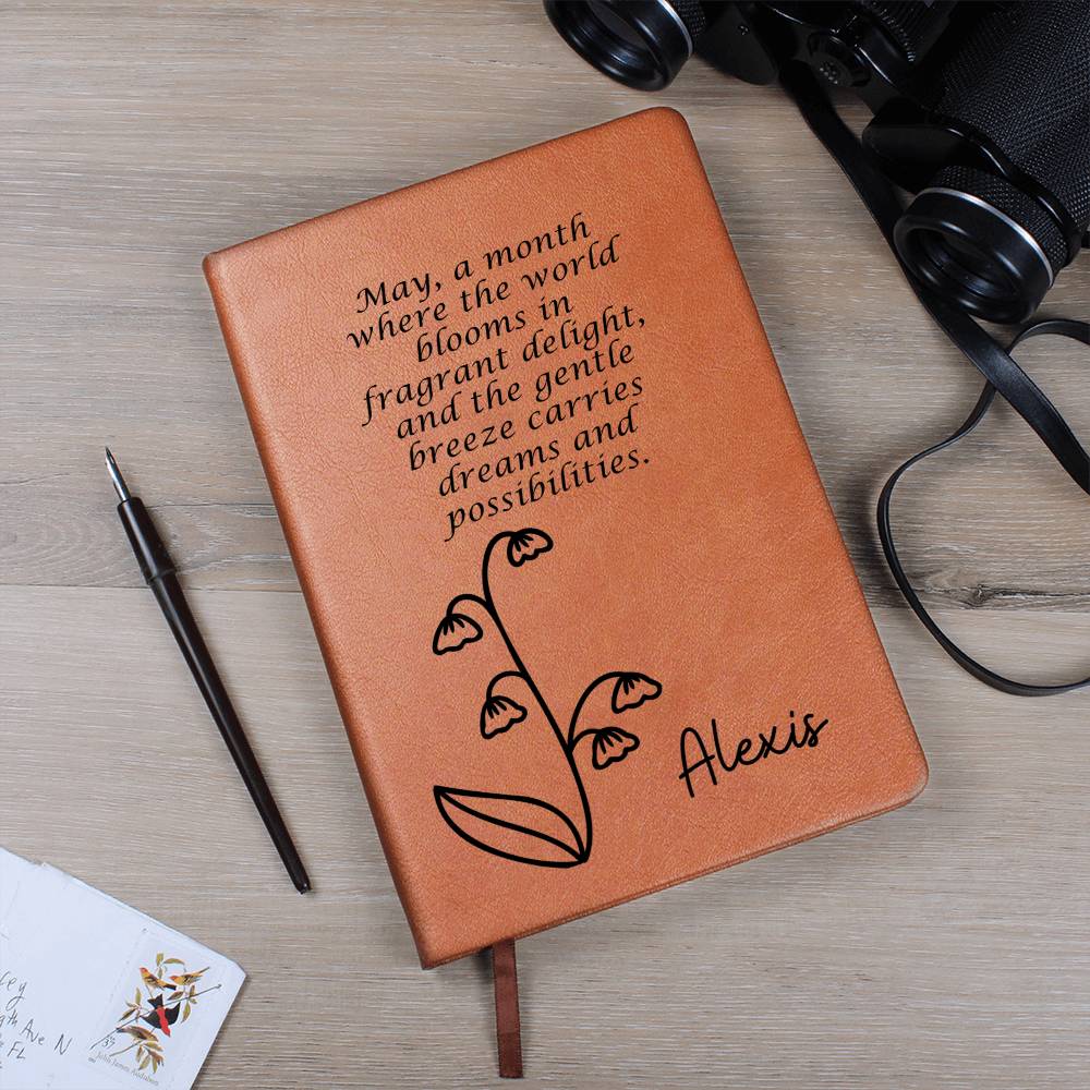 Personalized May Lily of the Valley Birth Month Wildflower Flower Leather Journal with Poem, Name Notebook, Gift for Her