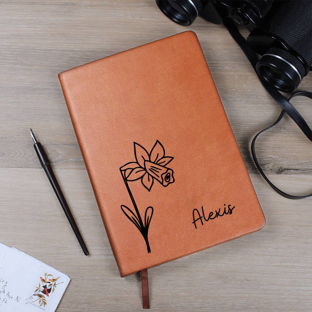 Personalized March Daffodil Birth Month Wildflower Flower Leather Journal, Name Notebook, Gift for Her