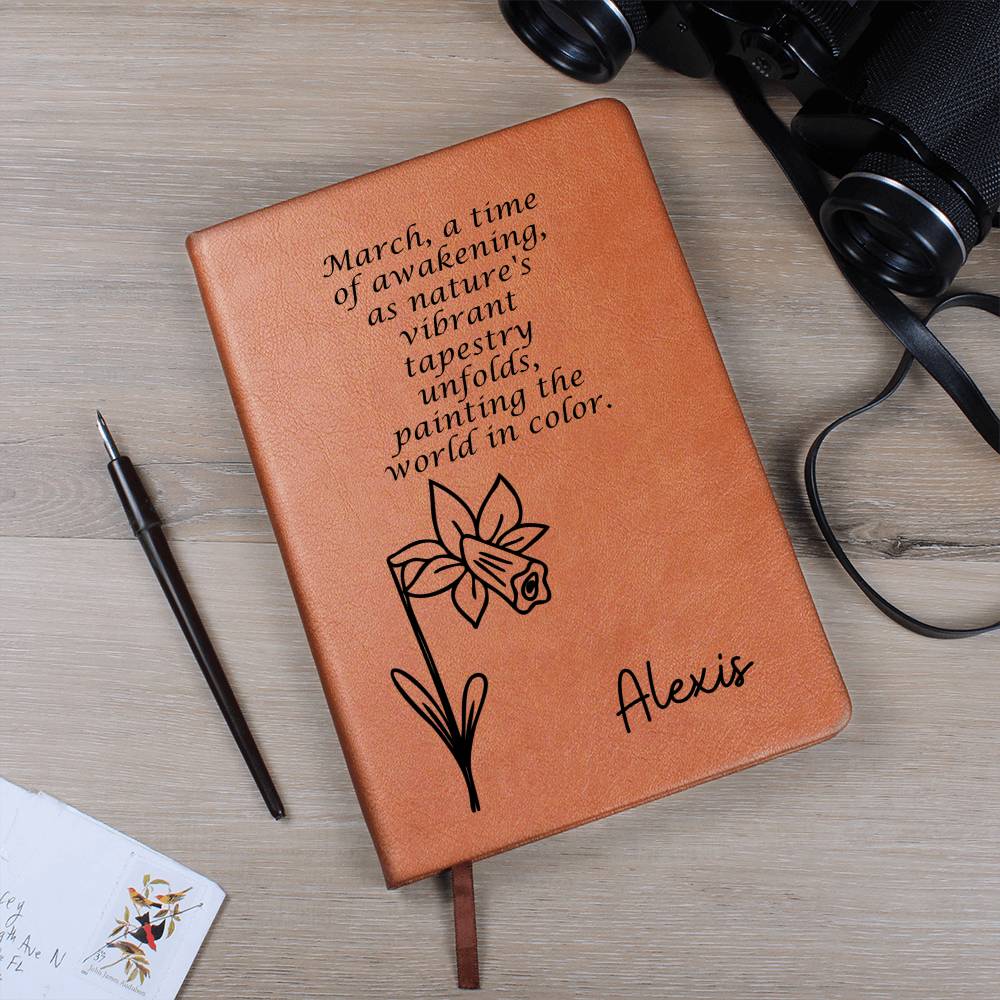 Personalized March Daffodil Birth Month Wildflower Flower Leather Journal with Poem, Name Notebook, Gift for Her