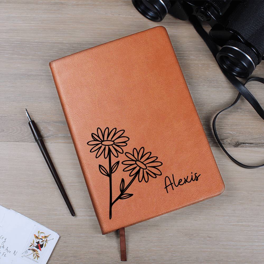 Personalized April Daisy Birth Month Wildflower Flower Leather Journal, Name Notebook, Gift for Her