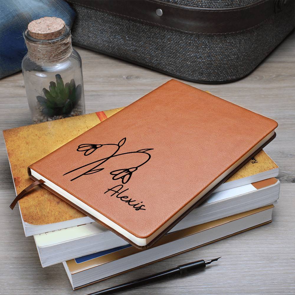 Personalized Jan Snowdrop Birth Month Wildflower Flower Leather Journal, Name Notebook, Gift for Her