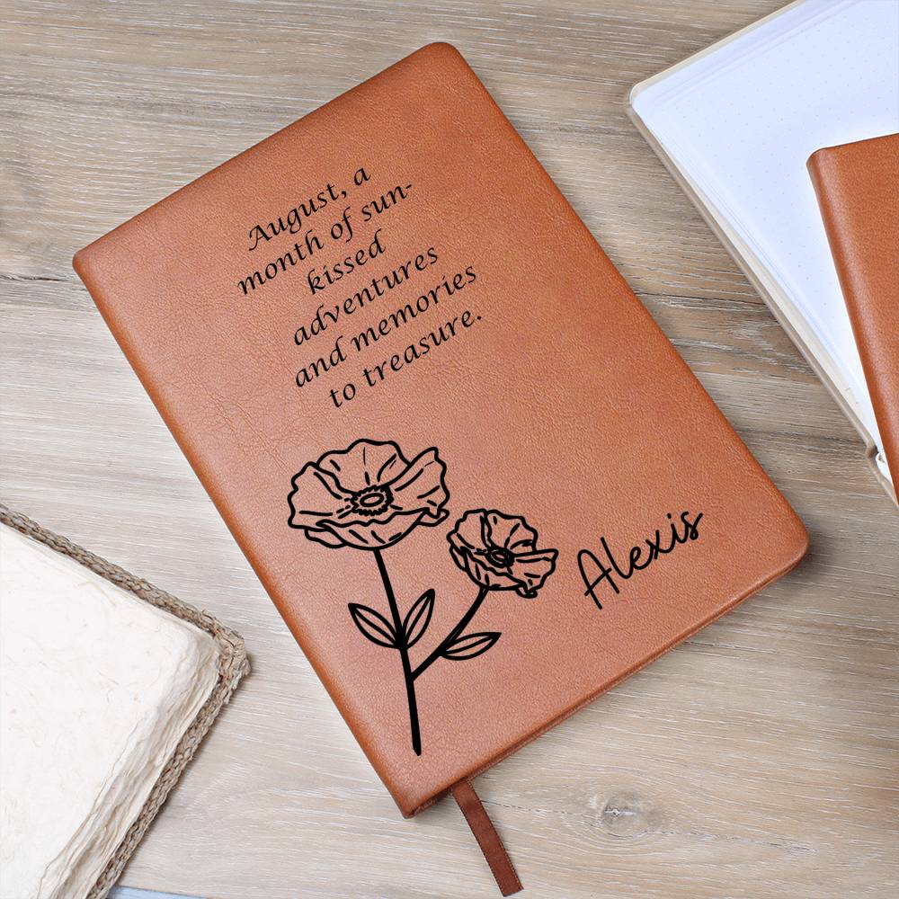Personalized Birth Month August,Poppy Wildflower with Poem Leather Journal,Custom Name Notebook, Engraved Journals,Travel Diary Gift for Her