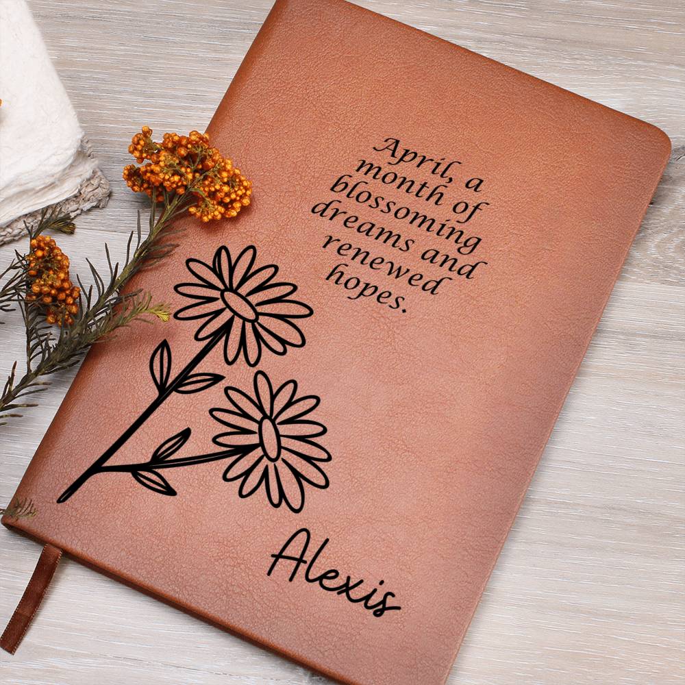 Personalized April Daisy Birth Month Wildflower Flower Leather Journal with Poem, Name Notebook, Gift for Her