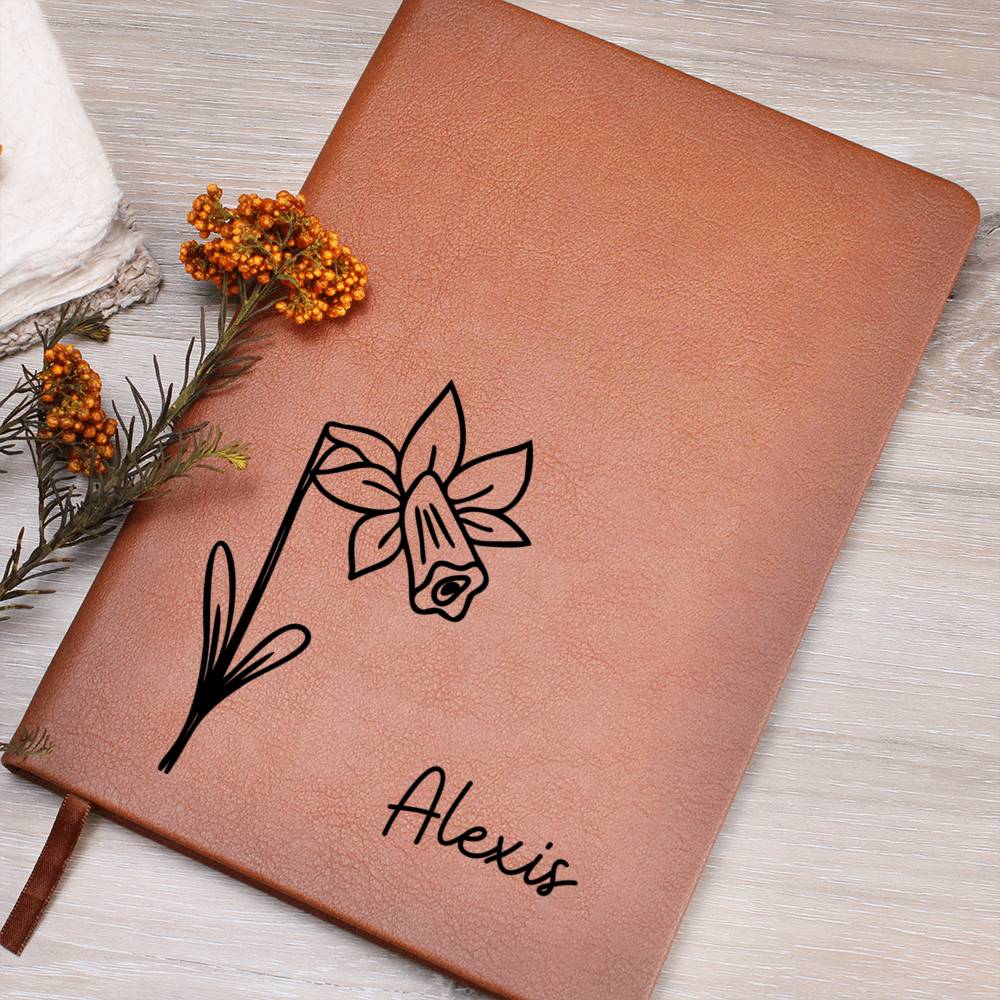 Personalized March Daffodil Birth Month Wildflower Flower Leather Journal, Name Notebook, Gift for Her
