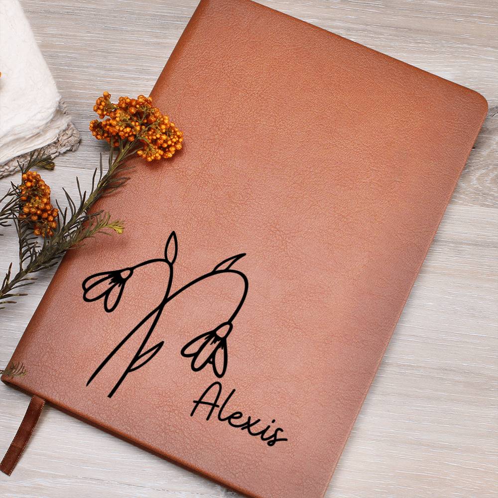 Personalized Jan Snowdrop Birth Month Wildflower Flower Leather Journal, Name Notebook, Gift for Her