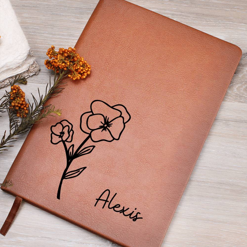 Personalized Feb Violet Birth Month Wildflower Flower Leather Journal, Name Notebook, Gift for Her