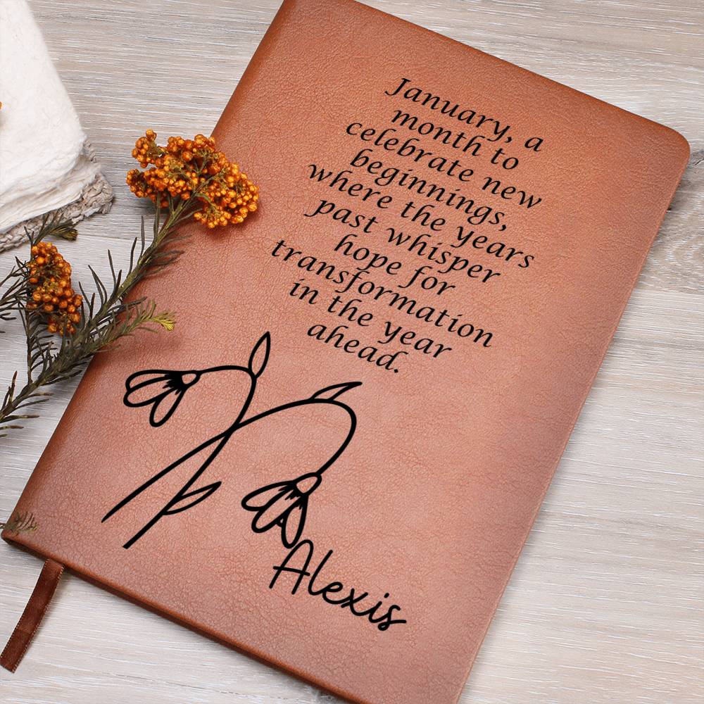 Personalized Jan Snowdrop Birth Month Wildflower Flower Leather Journal with Poem, Name Notebook, Gift for Her