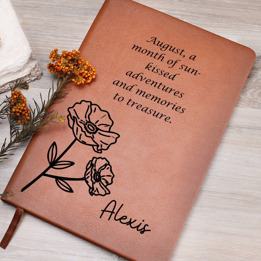 Personalized Birth Month August,Poppy Wildflower with Poem Leather Journal,Custom Name Notebook, Engraved Journals,Travel Diary Gift for Her