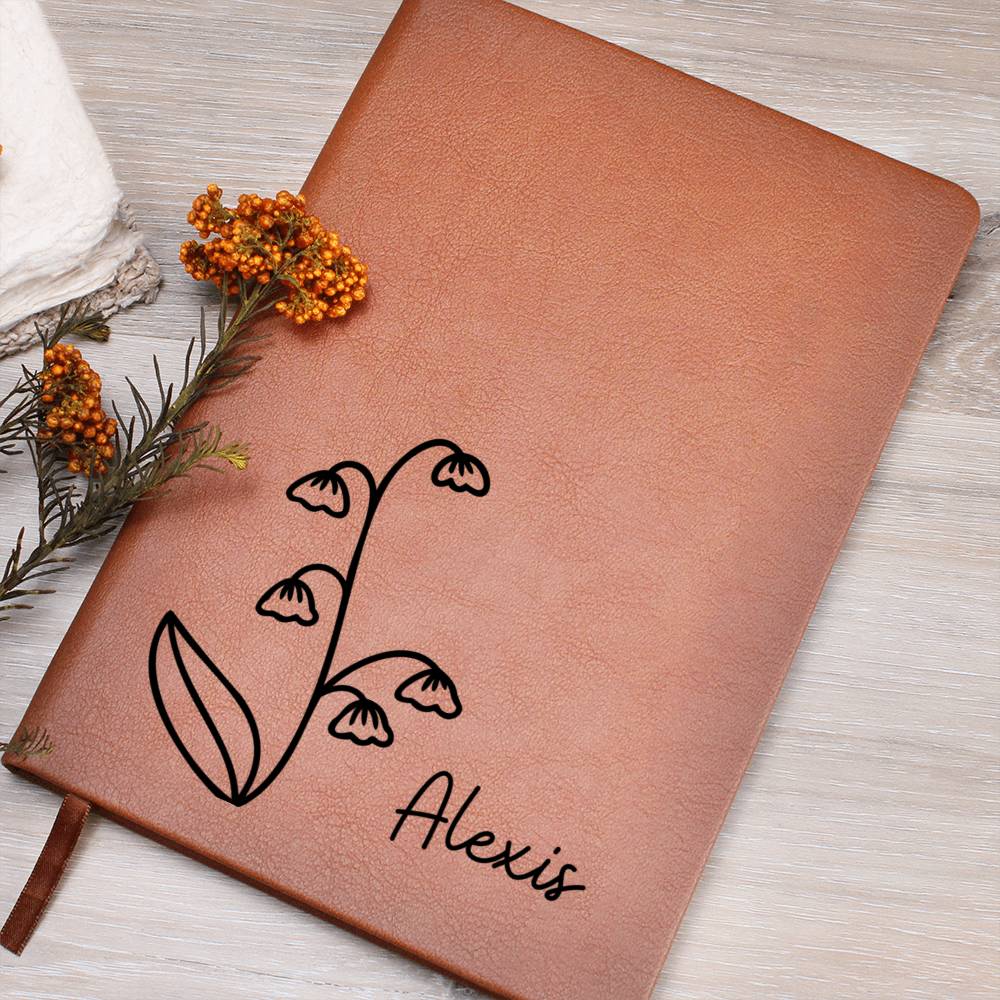 Personalized May Lily of the Valley Birth Month Wildflower Flower Leather Journal, Name Notebook, Gift for Her