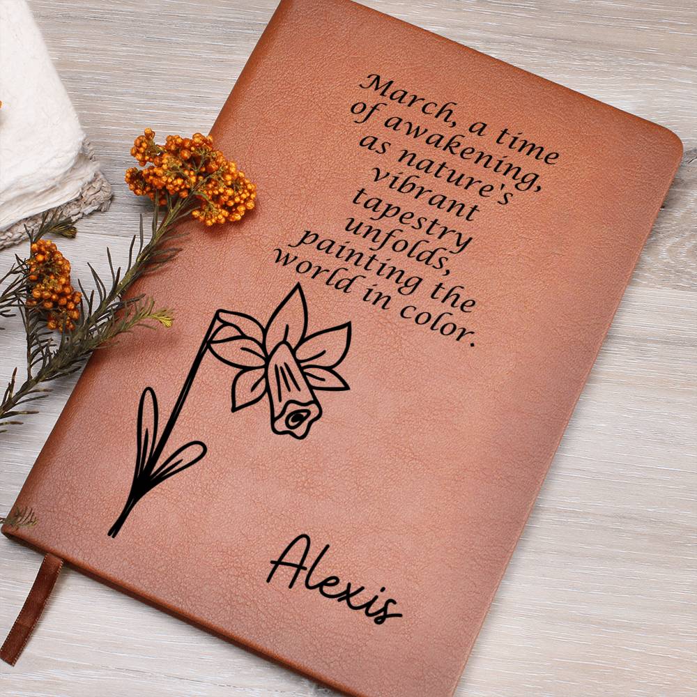 Personalized March Daffodil Birth Month Wildflower Flower Leather Journal with Poem, Name Notebook, Gift for Her