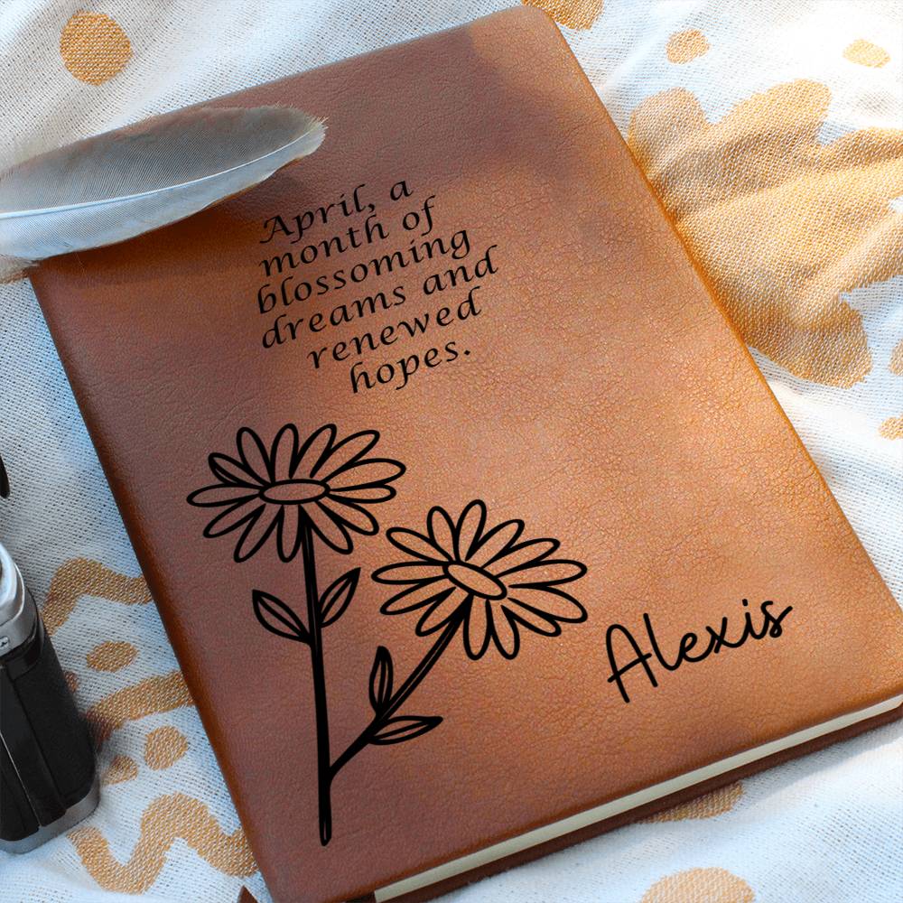 Personalized April Daisy Birth Month Wildflower Flower Leather Journal with Poem, Name Notebook, Gift for Her