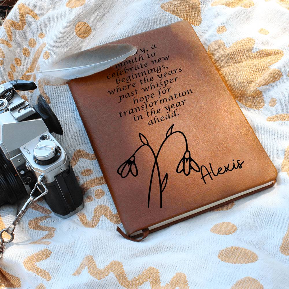 Personalized Jan Snowdrop Birth Month Wildflower Flower Leather Journal with Poem, Name Notebook, Gift for Her
