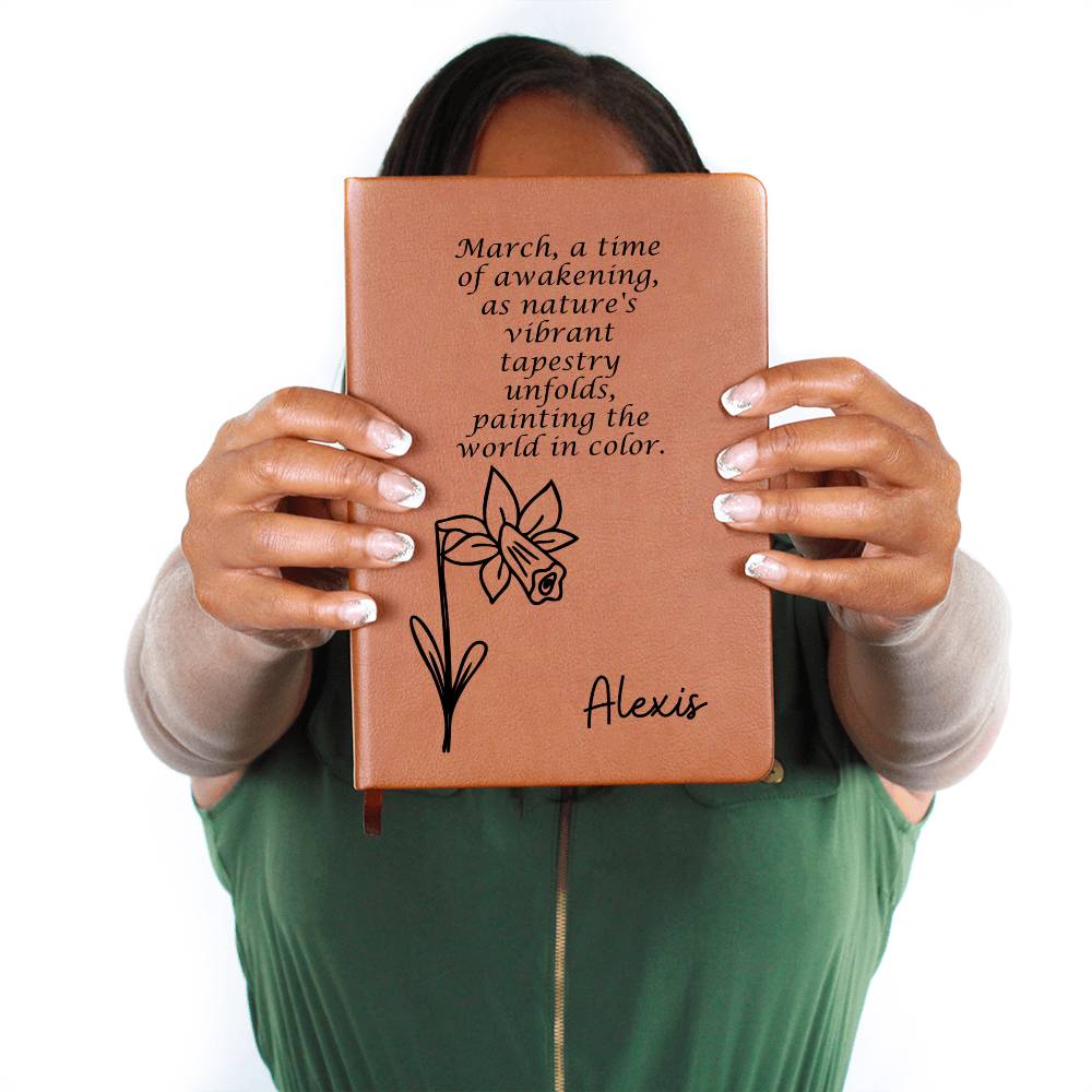 Personalized March Daffodil Birth Month Wildflower Flower Leather Journal with Poem, Name Notebook, Gift for Her
