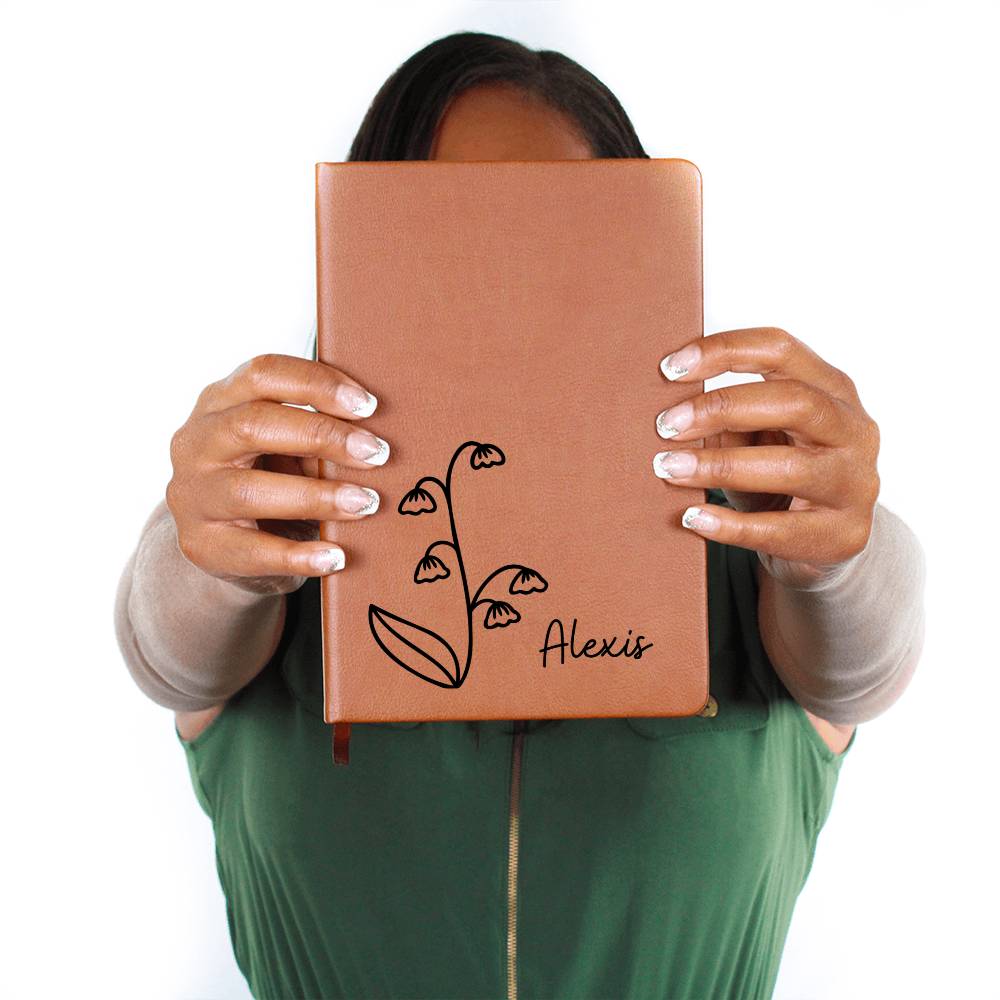Personalized May Lily of the Valley Birth Month Wildflower Flower Leather Journal, Name Notebook, Gift for Her