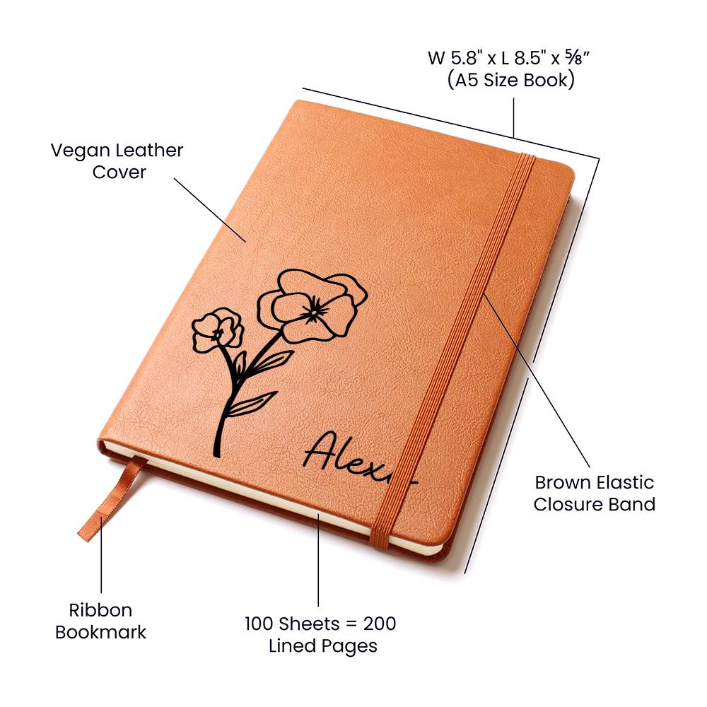 Personalized Feb Violet Birth Month Wildflower Flower Leather Journal, Name Notebook, Gift for Her