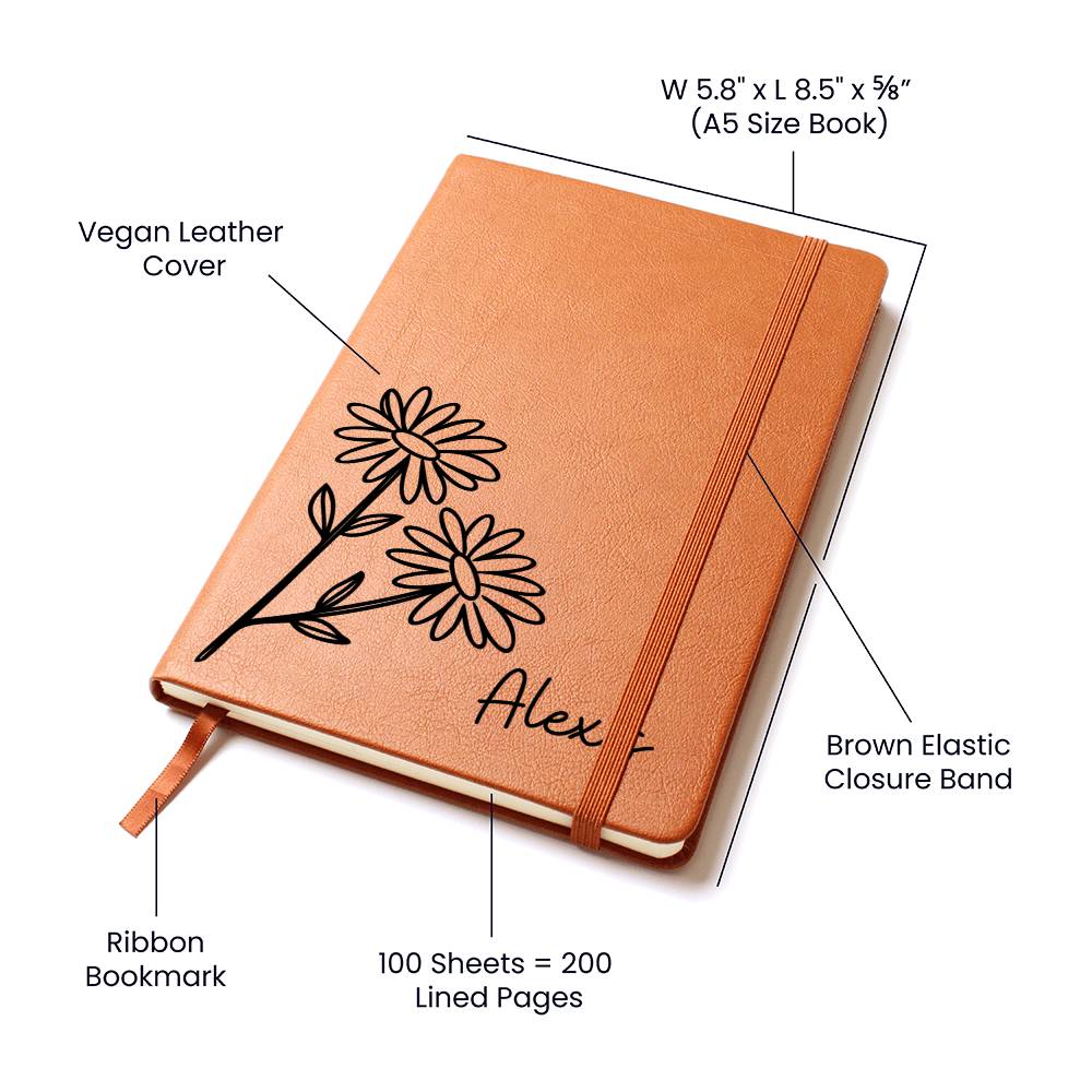 Personalized April Daisy Birth Month Wildflower Flower Leather Journal, Name Notebook, Gift for Her