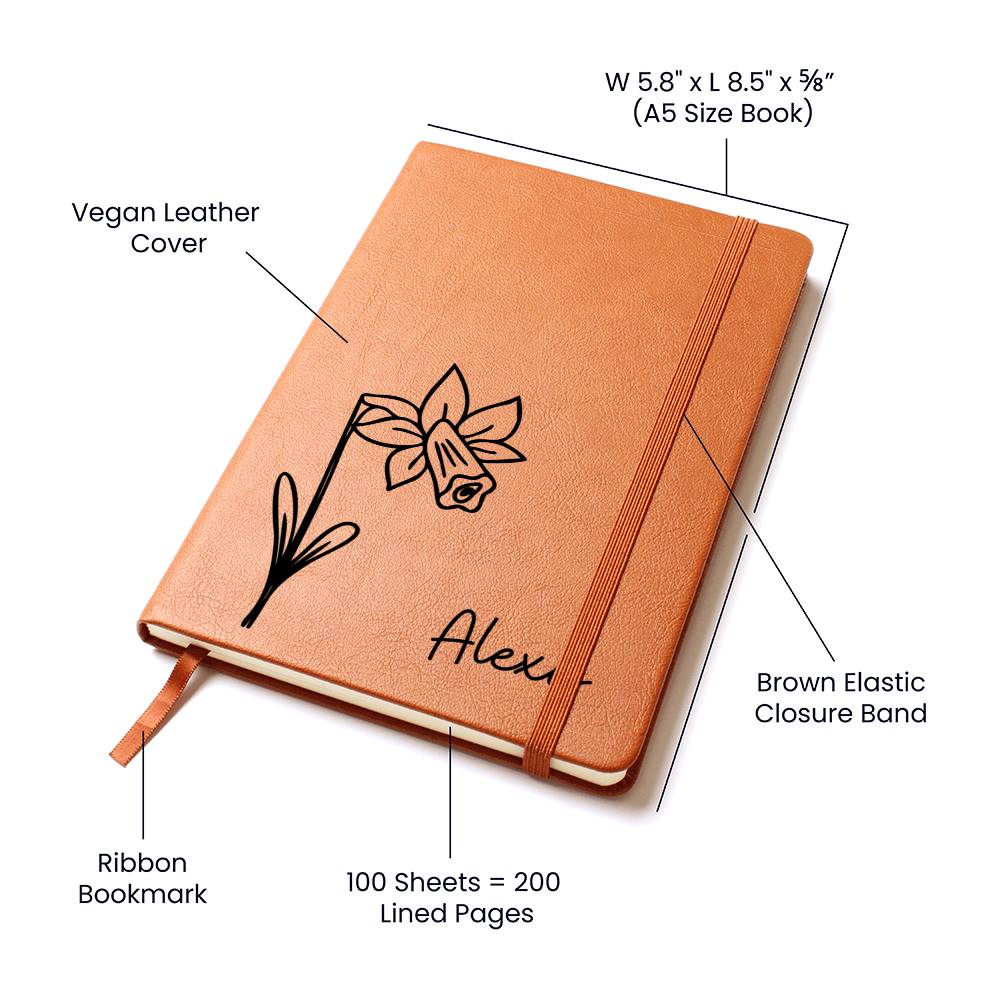 Personalized March Daffodil Birth Month Wildflower Flower Leather Journal, Name Notebook, Gift for Her
