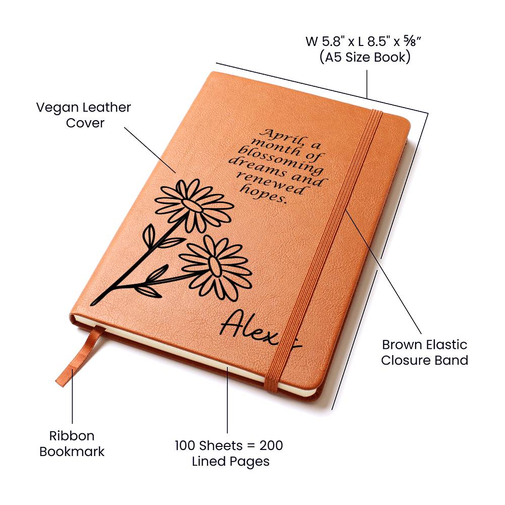 Personalized April Daisy Birth Month Wildflower Flower Leather Journal with Poem, Name Notebook, Gift for Her
