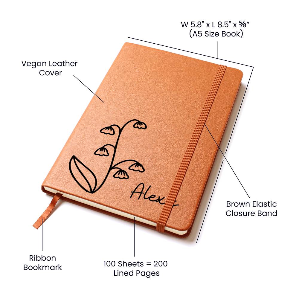 Personalized May Lily of the Valley Birth Month Wildflower Flower Leather Journal, Name Notebook, Gift for Her