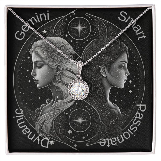 Gemini Zodiac sign twin Image with pendant necklace. Smart, Passionate, Dynamic