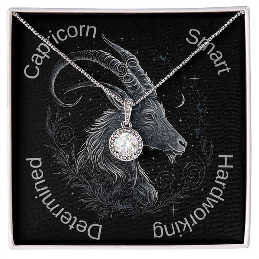 Capricorn Zodiac sign goat Image with pendant necklace. Smart, Hardworking, Determined