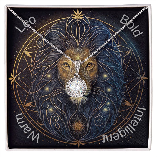 Leo Zodiac sign lion Image with pendant necklace. Bold, Intelligent, Warm